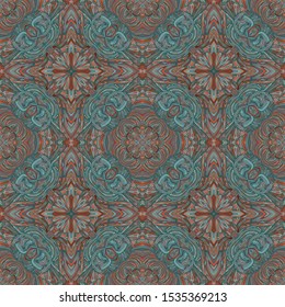 Seamless pattern of green copper flowers. Abstract illustration. Brown, orange and blue-green shades.