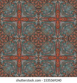 Seamless pattern of green copper flowers. Abstract illustration. Brown, orange and blue-green shades.