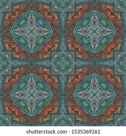 Seamless pattern of green copper flowers. Abstract illustration. Brown, orange and blue-green shades.