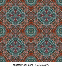 Seamless pattern of green copper flowers. Abstract illustration. Brown, orange and blue-green shades.
