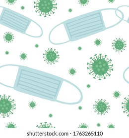 Seamless pattern of green coronavirus with blue medical mask flat vector illustration on white background