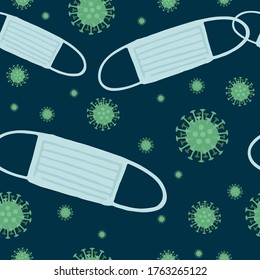 Seamless pattern of green coronavirus with blue medical mask flat vector illustration on dark background