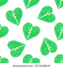 Seamless pattern with green crayon broken hearts on white background

