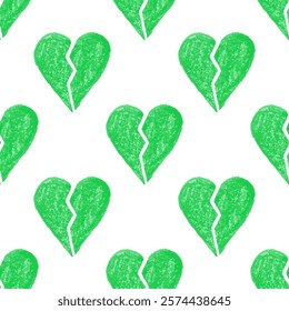 Seamless pattern with green crayon broken hearts on white background

