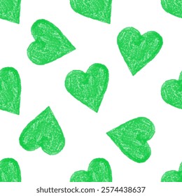 Seamless pattern with green crayon hearts on white background in doodle style

