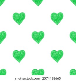 Seamless pattern with green crayon hearts on white background in doodle style

