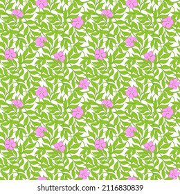Patrón sin foco de brotes de rayas verdes con flores rosadas. Hojas colgantes de un lazo entrelazado. Dibujo de vectores para papel de pared, cubiertas, papel de embalaje, textiles.