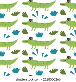 Seamless pattern green crocodile pirate safari animal. Doodle Hand drawn nursery baby scandinavian style kids digital textile fabric paper