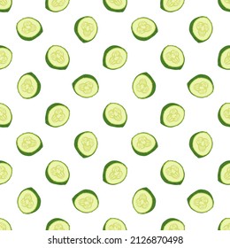 Seamless pattern with green cucumber cut into pieces. Delicious healthy vegetable print on white background, fresh food for salad preparation, harvest. Vector flat illustration