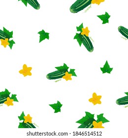 Seamless pattern of green cucumber with leaves and yellow flower. Vector illustration isolated on white background. Texture for fabrics, textiles, menus, packaging, website, etc.