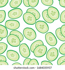 Seamless pattern with green cucumber vegetable slices on white. Vector illustrations in cartoon realistic style. Design for cosmetics, wallpaper, wrapping and scrapbooking paper, textile