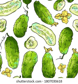 Seamless pattern with green cucumbers and flowers