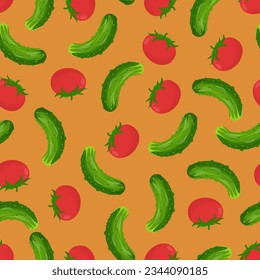 Seamless pattern with green cucumbers and red tomatoes on an orange background. Pattern and vegetables