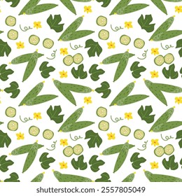 Seamless pattern with green cucumbers and yellow flowers.