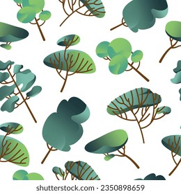 Patrón sin foco de plantas forestales verdes caducifoliares y perennes. Conjunto botánico de árboles desnudos y otros con hojas y coronas exuberantes. Ilustración vectorial plana aislada en el fondo