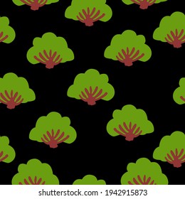 Seamless pattern with green deciduous tree, fir tree, bushes. Black background. Cartoon style. Spring and summer. Nature and ecology. Post cards, wallpaper, wrapping paper, scrapbooking, textile