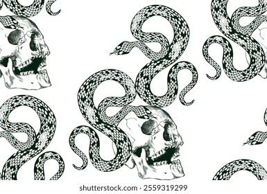 Seamless pattern with green decorative skull, snakes and floral design on a transparent background, creating a unique and artistic design.	