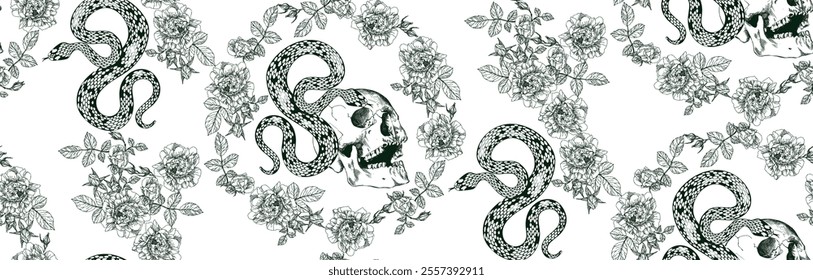 Seamless pattern with green decorative snakes and floral design on a transparent background, creating a unique and artistic design.	