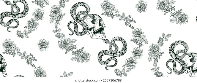 Seamless pattern with green decorative snakes and floral design on a transparent background, creating a unique and artistic design.	