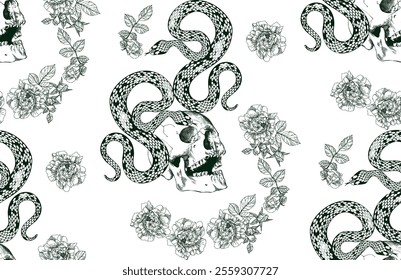 Seamless pattern with green decorative snakes and floral design on a transparent background, creating a unique and artistic design.	