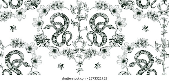 Seamless pattern with green decorative snakes and floral design on a transparent background, creating a unique and artistic design.