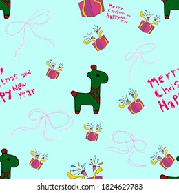 Nahtloses Muster. Grüner Hirschkartoon, doodle Schleife, Geschenkbox und fröhliche Weihnachtsbotschaft auf minzgrünem Hintergrund. Zum Packen von Papier, Hintergründen, Textilien und Stoff. Flache Vektorgrafik.