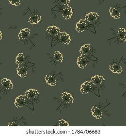 Seamless pattern with green dill leaves and flowers on a dark gray background. Design for wallpaper, background, fabric, textile, interior, cooking, cafe, paper, packaging.