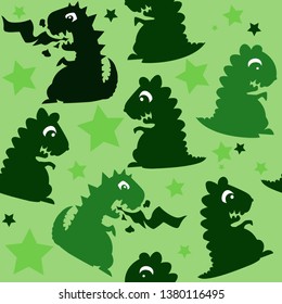 Seamless pattern with green dinosaurs and dragon silhouette on light green background with stars. Vector illustration.