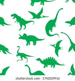 Seamless pattern, green dinosaurs silhouettes on a white background, vector illustration