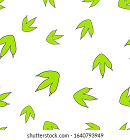Seamless pattern of green dinosaurus footprint. Isolated on white background. Vector illustration.