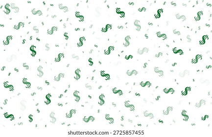 Seamless pattern of green dollar signs falling on a white background. Abstract illustration representing finance, wealth, money, and economic success.