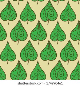 Seamless pattern with green doodle leaves