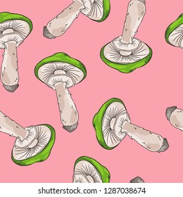 Seamless pattern with green doodle mushrooms on pastel pink background. Hand drawn vector illustration.