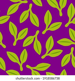 Seamless pattern with green doudle leaves. Violet background. Autumn, spring or summer. Nature and ecology. For packaging design and wrapping paper. For wallpaper, scrapbooking, textile and post cards