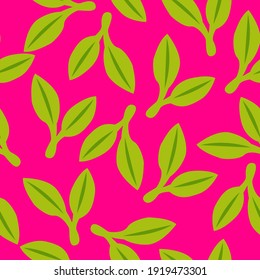 Seamless pattern with green doudle leaves. Pink background. Autumn, spring or summer. Nature and ecology. For packaging design and wrapping paper. For wallpaper, scrapbooking, textile and post cards