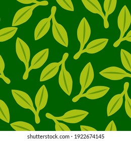 Nahtloses Muster mit grünen Blättern. Grüner Hintergrund. Herbst, Frühling oder Sommer. Natur und Ökologie. Für Verpackungsdesign und Verpackungspapier. Für Tapeten, Scrapbooking, Textilien und Postkarten