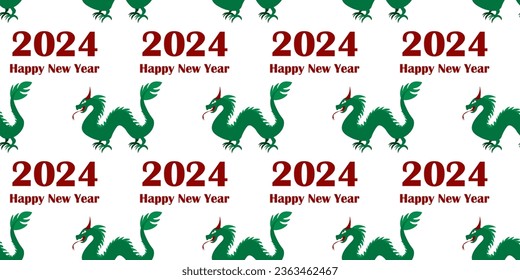 Seamless pattern with green Dragon 2024, Happy New Year text. Vector