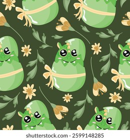 seamless pattern with green dragon icon sitting in green egg with bow and yellow flowers on green background, design for Easter decorations