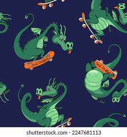 Seamless pattern. Green Dragon rides a skateboard. Cartoon characters. Textile composition, hand drawn style print. Vector illustration.