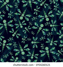 Seamless pattern with green dragonfly