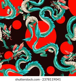 Seamless pattern with green dragons. Vector
