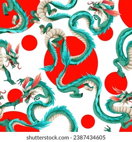 Seamless pattern with green dragons. Vector