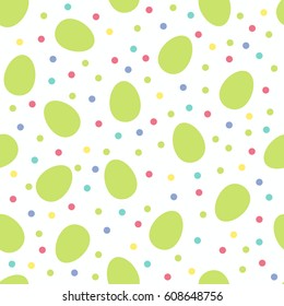 Seamless pattern with green Easter eggs and polka dots or confetti on white background. Vector illustration.