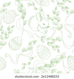Seamless pattern of green easter objects on a white background. Vector illustration. For fabric, wallpaper, packing paper, greeting cards, design, decoration and illustration.
