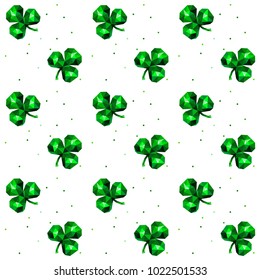Seamless pattern with green emerald clover and dots on white. St. Patrick's Day wallpaper