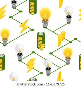 seamless pattern green energy. A battery and a light bulb on a white background. Isometric 3d