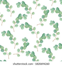 seamless pattern of green eucalyptus leaves and branches vector pattern with small flowers and leaves, Elegant template for fashion prints. trending Fabric fashion pattern designs.