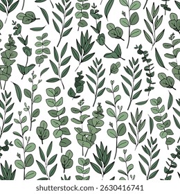 Seamless pattern of green of eucalyptus leaves and branches. Green background. Different shapes of leaves. Vector illustration	
