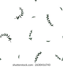 Seamless pattern of green of eucalyptus leaves and branches. Green background. Different shapes of leaves. Vector illustration	
