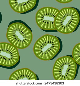 Seamless pattern of green exotic kiwi fruit in a cut in pastel colors Appetizing kiwi on a light green background suitable for fabric and wrapping paper Vector